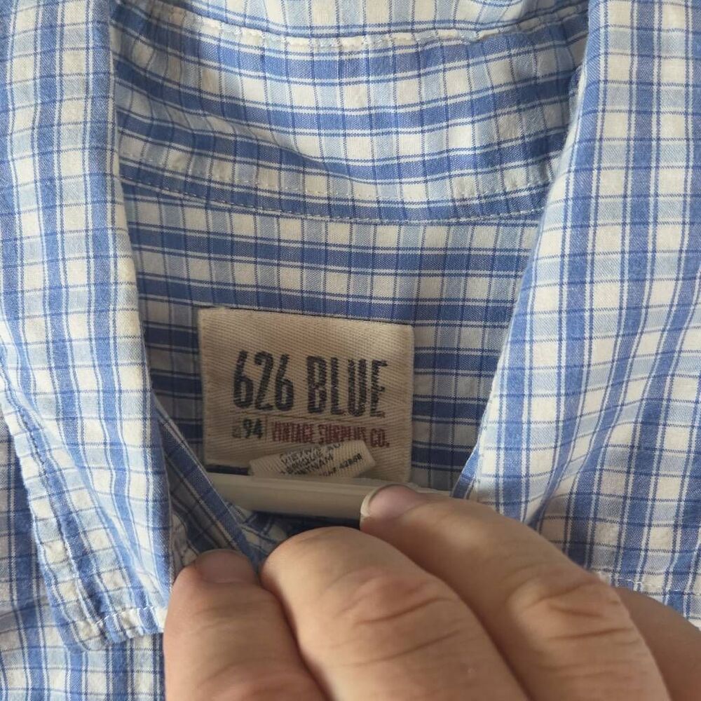 626 Blue Men's Gingham Plaid Short Sleeve Button-up Shirt Blue White 2XLT - Picture 2 of 7